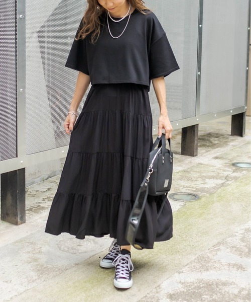 RASVOA（ラスボア）の「レイヤード風半袖ティアードワンピース（ワンピース・レディース・ブラック/グレー/ブルー/オフホワイト/カーキ・FREE）」の8枚目の写真