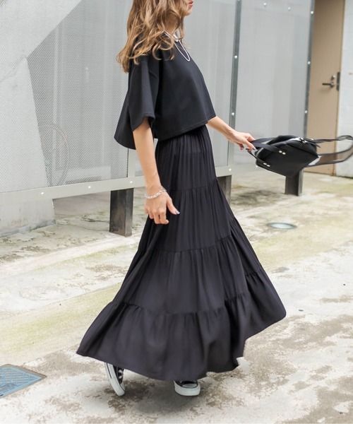 RASVOA（ラスボア）の「レイヤード風半袖ティアードワンピース（ワンピース・レディース・ブラック/グレー/ブルー/オフホワイト/カーキ・FREE）」の11枚目の写真