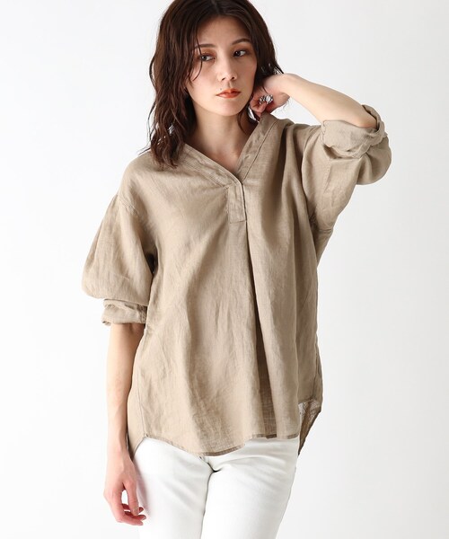 JET（ジェット）の「◆【ウォッシャブル】フレンチリネンVネックブラウス（シャツ/ブラウス・レディース・ホワイト/チャコールグレー/ライトグリーン/ベージュ/ライトオレンジ系/パープル系4/レモンイエロー・80/04）」の3枚目の写真