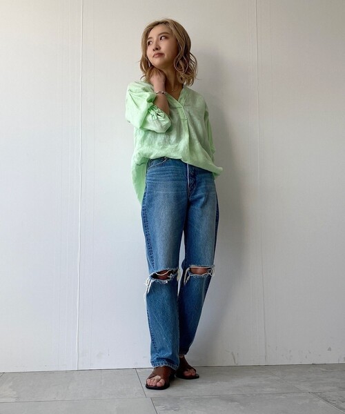 JET（ジェット）の「◆【ウォッシャブル】フレンチリネンVネックブラウス（シャツ/ブラウス・レディース・ホワイト/チャコールグレー/ライトグリーン/ベージュ/ライトオレンジ系/パープル系4/レモンイエロー・80/04）」の21枚目の写真