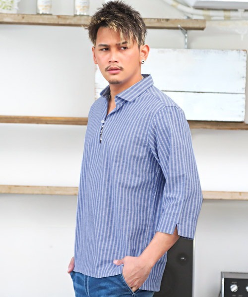 LUXSTYLE(ラグスタイル)の「綿麻ストライプ7分袖カプリシャツ(シャツ/ブラウス・メンズ・ブルー/ベージュ/ホワイト・M/L)」の3枚目の写真