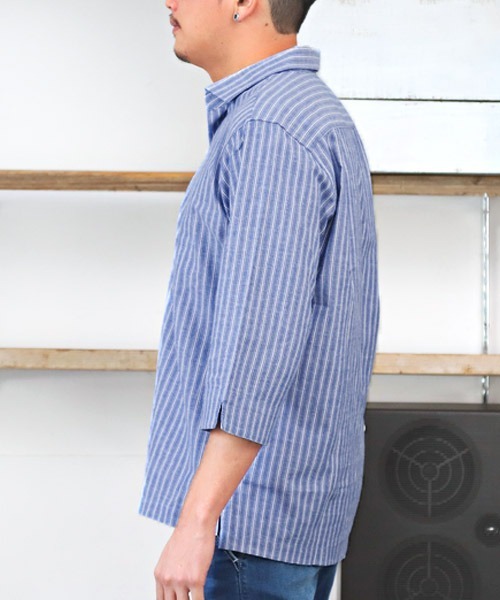 LUXSTYLE(ラグスタイル)の「綿麻ストライプ7分袖カプリシャツ(シャツ/ブラウス・メンズ・ブルー/ベージュ/ホワイト・M/L)」の5枚目の写真