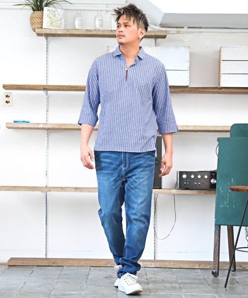 LUXSTYLE(ラグスタイル)の「綿麻ストライプ7分袖カプリシャツ(シャツ/ブラウス・メンズ・ブルー/ベージュ/ホワイト・M/L)」の6枚目の写真