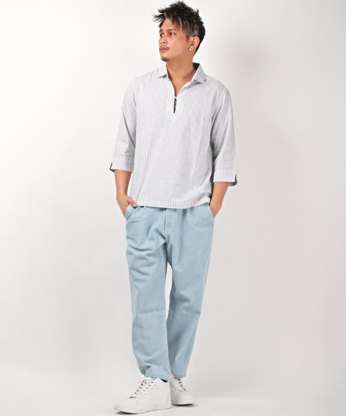 LUXSTYLE(ラグスタイル)の「綿麻ストライプ7分袖カプリシャツ(シャツ/ブラウス・メンズ・ブルー/ベージュ/ホワイト・M/L)」の7枚目の写真