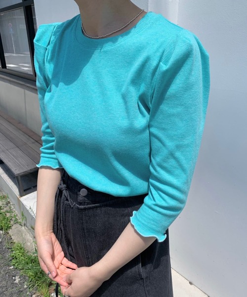 Kastane(カスタネ)の「ミックスカラーリブパフT(Tシャツ/カットソー・レディース・スカイブルー/アイボリー/グリーン/オレンジ・FREE)」の4枚目の写真