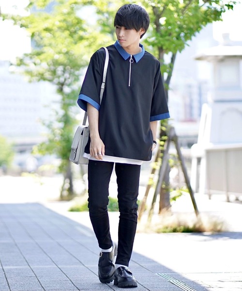 INTER FACTORY(インターファクトリー)の「ファッションインフルエンサーこーせ - スイッチングハーフジップシャツ made in INTER FACTORY(シャツ/ブラウス・メンズ・グレー/ブラック×ブルー・MEDIUM/LARGE)」の9枚目の写真