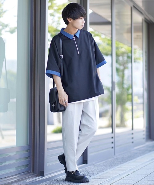 INTER FACTORY(インターファクトリー)の「ファッションインフルエンサーこーせ - スイッチングハーフジップシャツ made in INTER FACTORY(シャツ/ブラウス・メンズ・グレー/ブラック×ブルー・MEDIUM/LARGE)」の14枚目の写真