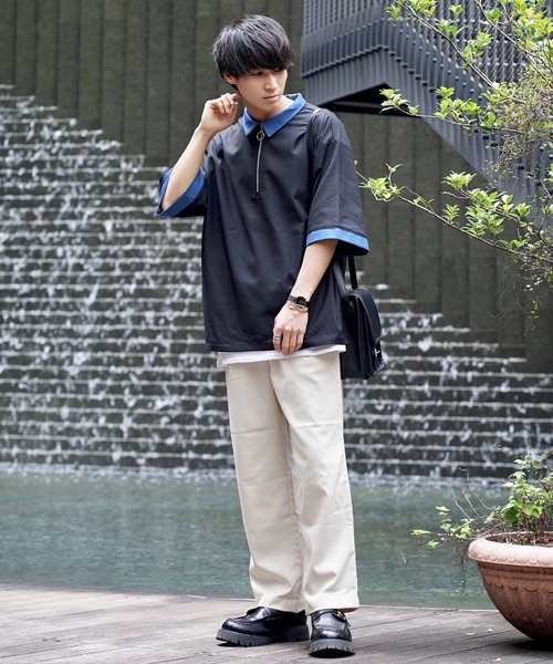 INTER FACTORY(インターファクトリー)の「ファッションインフルエンサーこーせ - スイッチングハーフジップシャツ made in INTER FACTORY(シャツ/ブラウス・メンズ・グレー/ブラック×ブルー・MEDIUM/LARGE)」の3枚目の写真