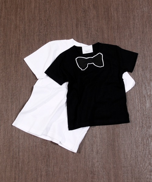 SUPERTHANKS（スーパーサンクス）の「【キッズ】蝶ネクタイワッペン【グログラン】Tシャツ リンクコーデ 親子コーデ（Tシャツ/カットソー・キッズ・ホワイト×ブラック/ブラック×ブラック・100/110/120/130/140/150）」の2枚目の写真