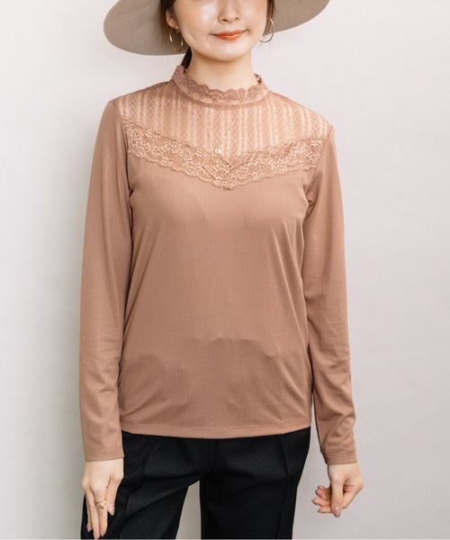 ELVENCE DEUX(エルベンスドゥ)の「レースハイネックT(Tシャツ/カットソー・レディース・ブラック/オフホワイト/ブラウン/グレー・MEDIUM/LARGE)」の1枚目の写真