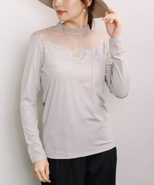 ELVENCE DEUX(エルベンスドゥ)の「レースハイネックT(Tシャツ/カットソー・レディース・ブラック/オフホワイト/ブラウン/グレー・MEDIUM/LARGE)」の4枚目の写真