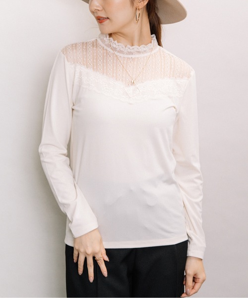 ELVENCE DEUX(エルベンスドゥ)の「レースハイネックT(Tシャツ/カットソー・レディース・ブラック/オフホワイト/ブラウン/グレー・MEDIUM/LARGE)」の2枚目の写真