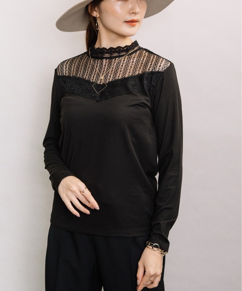 ELVENCE DEUX(エルベンスドゥ)の「レースハイネックT(Tシャツ/カットソー・レディース・ブラック/オフホワイト/ブラウン/グレー・MEDIUM/LARGE)」の3枚目の写真