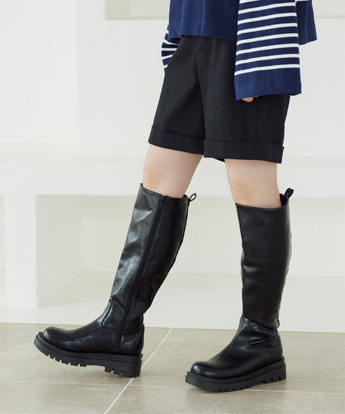 titivate（ティティベイト）の「ﾄﾗｯｸｿｰﾙﾌｪｲｸﾚｻﾞｰﾛﾝｸﾞﾌﾞｰﾂ（ブーツ・レディース・ブラック/キャメル・LL/S/M/L）」の5枚目の写真