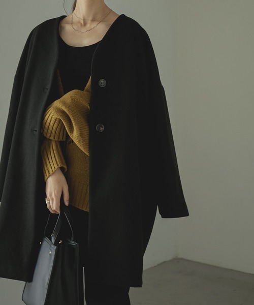 Fashion Letter(ファッションレター)の「ノーカラーミドルコート(チェスターコート・レディース・ダークラベンダー/グレイッシュベージュ/グレイッシュブルー/ブラック・FREE)」の2枚目の写真