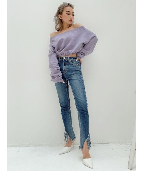 GYDA（ジェイダ）の「ピグメントオフショル スウェットトップス（スウェット・レディース・アイボリー/チャコールグレー/パープル・FREE）」の7枚目の写真