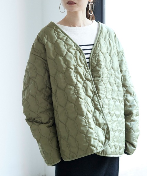 titivate(ティティベイト)の「ジャガードキルティングコート(ノーカラーコート・レディース・ベージュ/カーキ/アイボリー・S/M)」の3枚目の写真