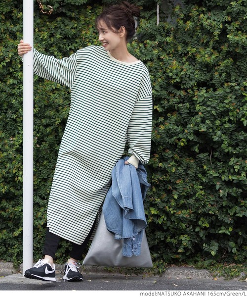 coca（coca）（コカ）の「ボーダーボートネックスウェットワンピース（ワンピース・レディース・ブラック/グリーン・M/L）」の7枚目の写真