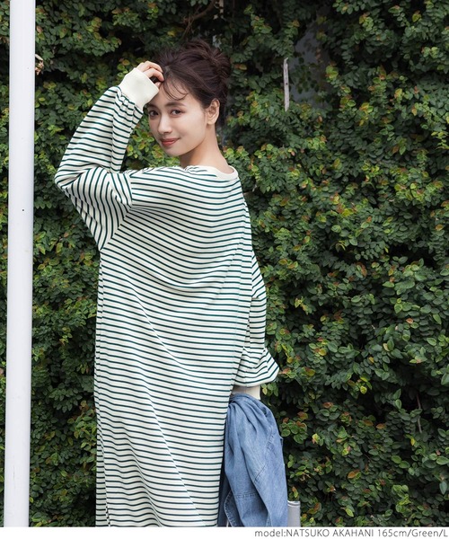 coca（coca）（コカ）の「ボーダーボートネックスウェットワンピース（ワンピース・レディース・ブラック/グリーン・M/L）」の9枚目の写真