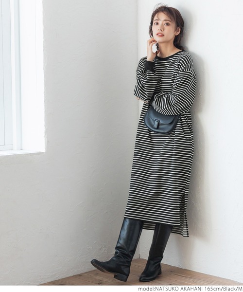 coca（coca）（コカ）の「ボーダーボートネックスウェットワンピース（ワンピース・レディース・ブラック/グリーン・M/L）」の10枚目の写真