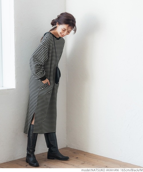 coca（coca）（コカ）の「ボーダーボートネックスウェットワンピース（ワンピース・レディース・ブラック/グリーン・M/L）」の11枚目の写真