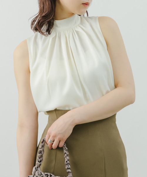 ブラウス シャツ シャツカラータックノースリーブブラウス レディース ブラウス シャツ タックパールノースリーブチュニック丈ブラウス