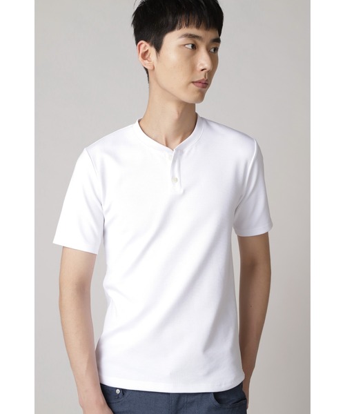 HIGH STREET(ハイストリート)の「HIGH STREET∴パーペチュアルパールニット半袖ヘンリーネック(Tシャツ/カットソー・メンズ・オレンジ系その他/ブラック/ホワイト・M/L/LL)」の2枚目の写真