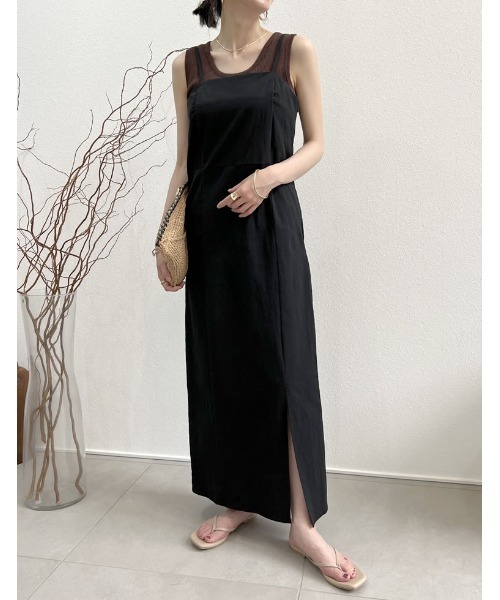 Re:EDIT（リエディ）の「フロントスリットキャミワンピース（ジャンパースカート・レディース・グリーン/ベージュ/オレンジ/ブラック/ブルー・MEDIUM/SHORT/LARGE）」の2枚目の写真