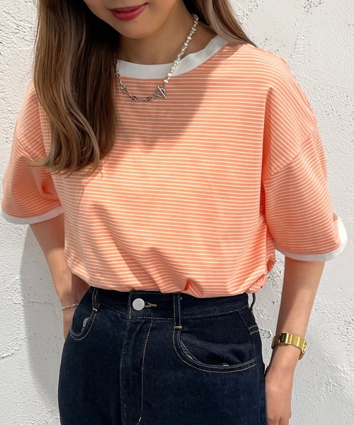 apres jour mignon（アプレジュールミニョン）の「半袖カラーリンガーT【ZOZOTOWN限定アイテム】（Tシャツ/カットソー・レディース・オフホワイト/ピンク/オレンジ/グリーン/ブルー系その他/イエロー系その他/ピンク系その他・X-LARGE/フリー）」の7枚目の写真