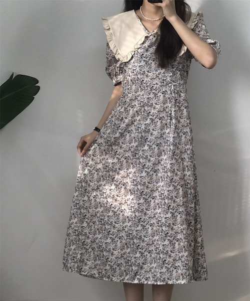 セール】ビッグカラー花柄ロングワンピース（ワンピース