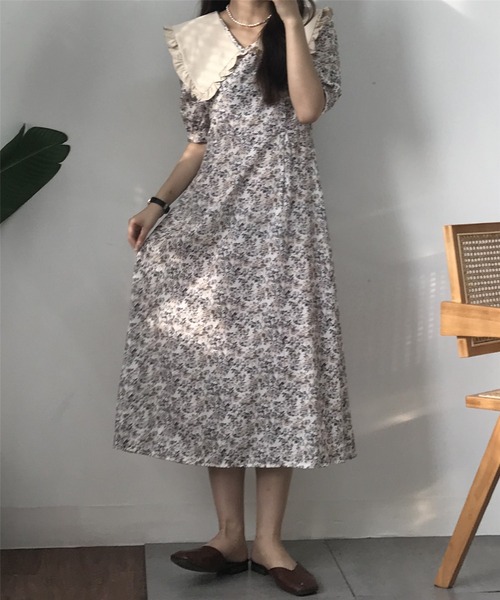 セール】ビッグカラー花柄ロングワンピース（ワンピース
