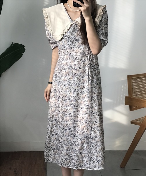 セール】ビッグカラー花柄ロングワンピース（ワンピース