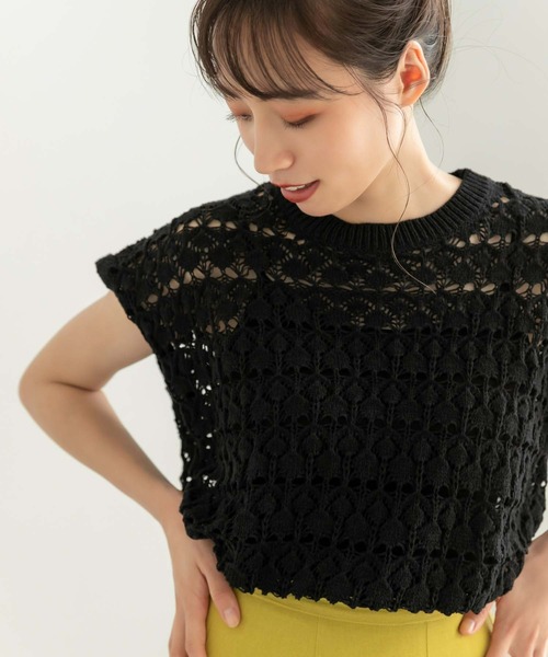 フラッフィーテディーフレンチスリーブknit フレンチスリーブリブ切替サマーニットトップスxyf9299