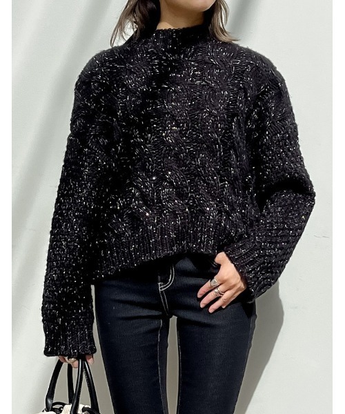 Re:EDIT（リエディ）の「ラメor無地ロービングニットケーブルボトルネックトップス（ニット/セーター・レディース・ネイビー/アイボリー/イエロー/ベージュ/ブルー/ブラック系・MEDIUM/LARGE）」の3枚目の写真