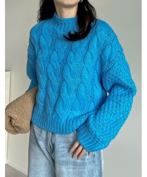 Re:EDIT（リエディ）の「ラメor無地ロービングニットケーブルボトルネックトップス（ニット/セーター・レディース・ネイビー/アイボリー/イエロー/ベージュ/ブルー/ブラック系・MEDIUM/LARGE）」の5枚目の写真