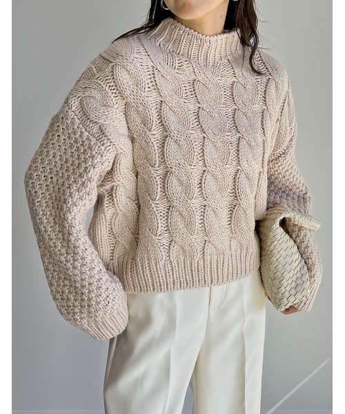 Re:EDIT（リエディ）の「ラメor無地ロービングニットケーブルボトルネックトップス（ニット/セーター・レディース・ネイビー/アイボリー/イエロー/ベージュ/ブルー/ブラック系・MEDIUM/LARGE）」の19枚目の写真