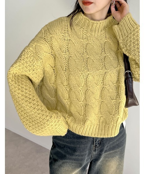 Re:EDIT（リエディ）の「ラメor無地ロービングニットケーブルボトルネックトップス（ニット/セーター・レディース・ネイビー/アイボリー/イエロー/ベージュ/ブルー/ブラック系・MEDIUM/LARGE）」の22枚目の写真