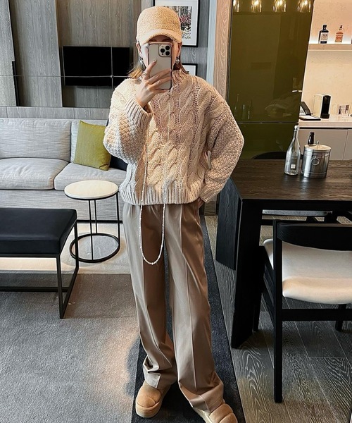 Re:EDIT（リエディ）の「ラメor無地ロービングニットケーブルボトルネックトップス（ニット/セーター・レディース・ネイビー/アイボリー/イエロー/ベージュ/ブルー/ブラック系・MEDIUM/LARGE）」の14枚目の写真