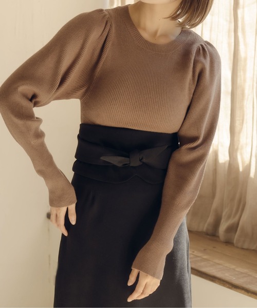 fupel(フぺル)の「パフスリーブリブニット(ニット/セーター・レディース・ブラウン系その他/ブラック/アイボリー・FREE)」の1枚目の写真