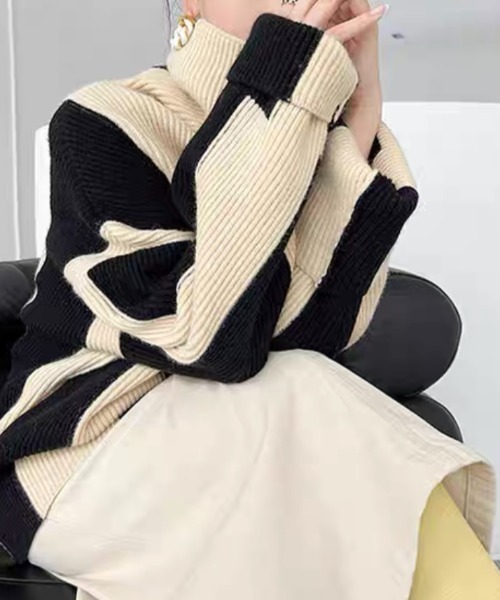 1枚で主役級ニット。ストライプハイネックルーズニットセーター（ニット/セーター）｜SEN TOKYO（セントーキョー）