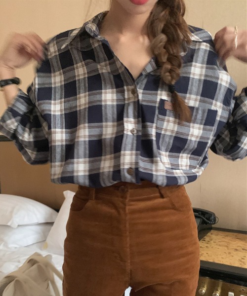 チェック トップス セール】レディース 長袖チェック柄アシメヘムシャツ（シャツ