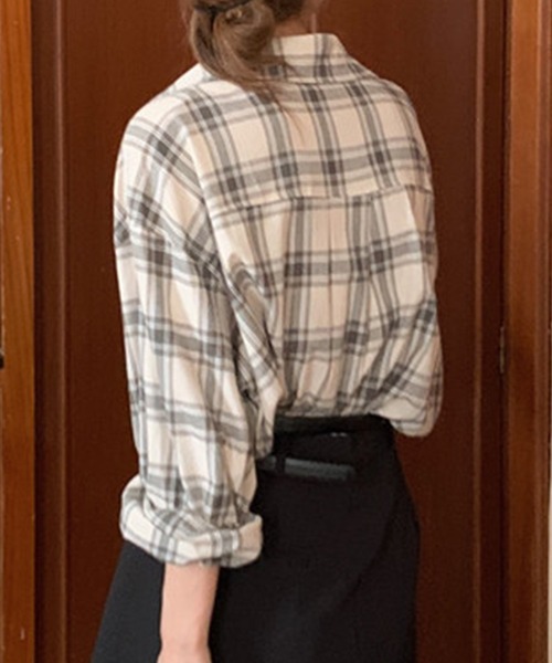 セール】レディース 長袖チェック柄アシメヘムシャツ（シャツ