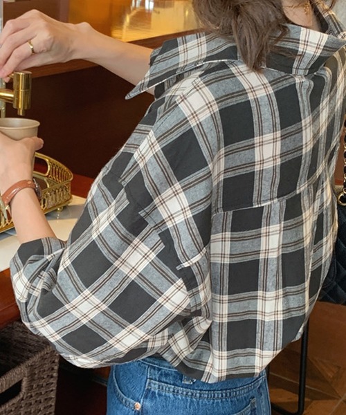 セール】レディース 長袖チェック柄アシメヘムシャツ（シャツ