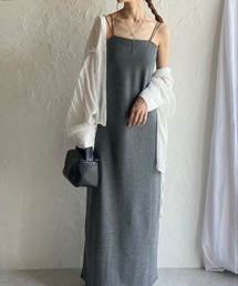 カップ付きハイウエストダブルストラップIラインタイトロングキャミワンピース