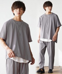 【MinoriTY】楊柳オーバーサイズセットアップ アシンメトリー半袖Tシャツ+イージーワイドテーパードパンツ メンズ 無地 スラックス 夏服