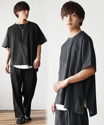 【MinoriTY】楊柳オーバーサイズセットアップ アシンメトリー半袖Tシャツ+イージーワイドテーパードパンツ メンズ 無地 スラックス 夏服