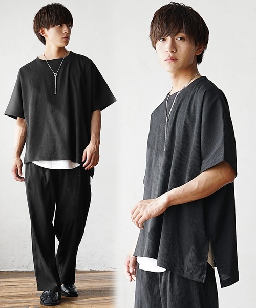 MinoriTY(マイノリティ)の「【MinoriTY】楊柳オーバーサイズセットアップ アシンメトリー半袖Tシャツ+イージーワイドテーパードパンツ メンズ 無地 スラックス 夏服(セットアップ・メンズ・ライトグレー/ブラック/ブルー・S/M/L)」の2枚目の写真