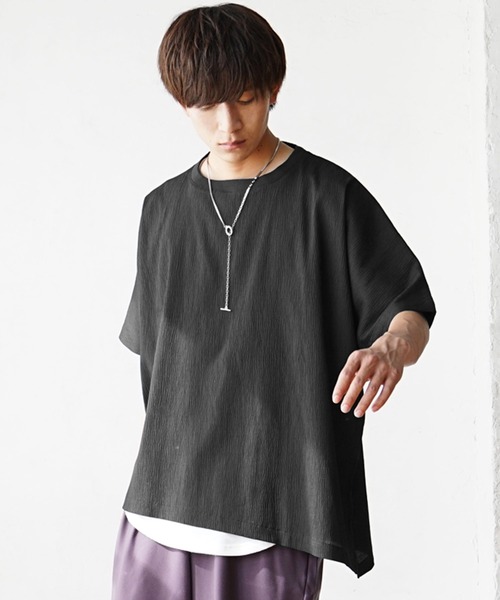 【MinoriTY】楊柳オーバーサイズセットアップ アシンメトリー半袖Tシャツ+イージーワイドテーパードパンツ メンズ 無地 スラックス 夏服（セットアップ）｜MinoriTY（マイノリティ）