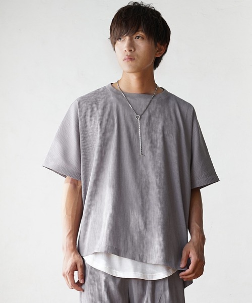 【MinoriTY】楊柳オーバーサイズセットアップ アシンメトリー半袖Tシャツ+イージーワイドテーパードパンツ メンズ 無地 スラックス 夏服（セットアップ）｜MinoriTY（マイノリティ）