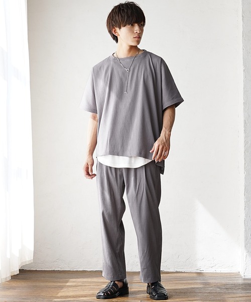 【MinoriTY】楊柳オーバーサイズセットアップ アシンメトリー半袖Tシャツ+イージーワイドテーパードパンツ メンズ 無地 スラックス 夏服（セットアップ）｜MinoriTY（マイノリティ）